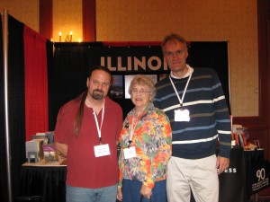 Signature Books' Tom Kimball, UIP author Jan Shipps, and the leaning tower of me.