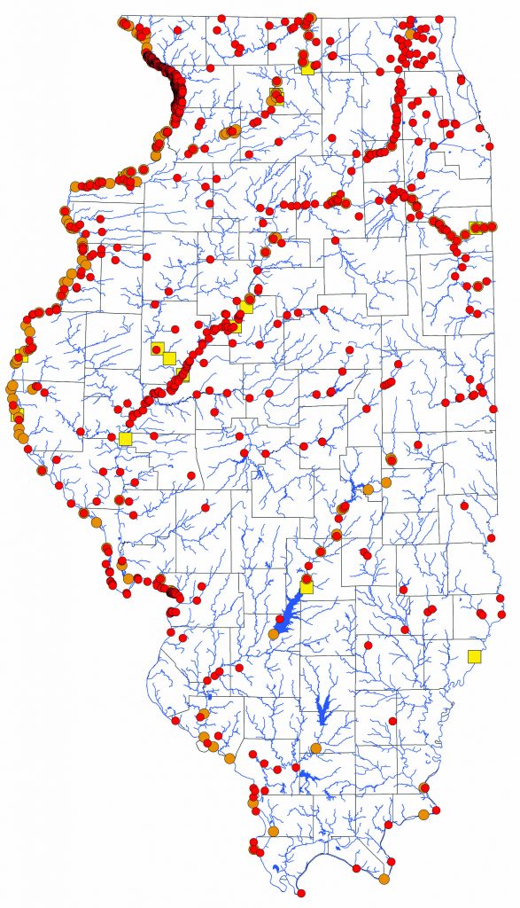 A map of the range of the Walleye in Illinois, with dots and squares indicating where it lives or has lived.