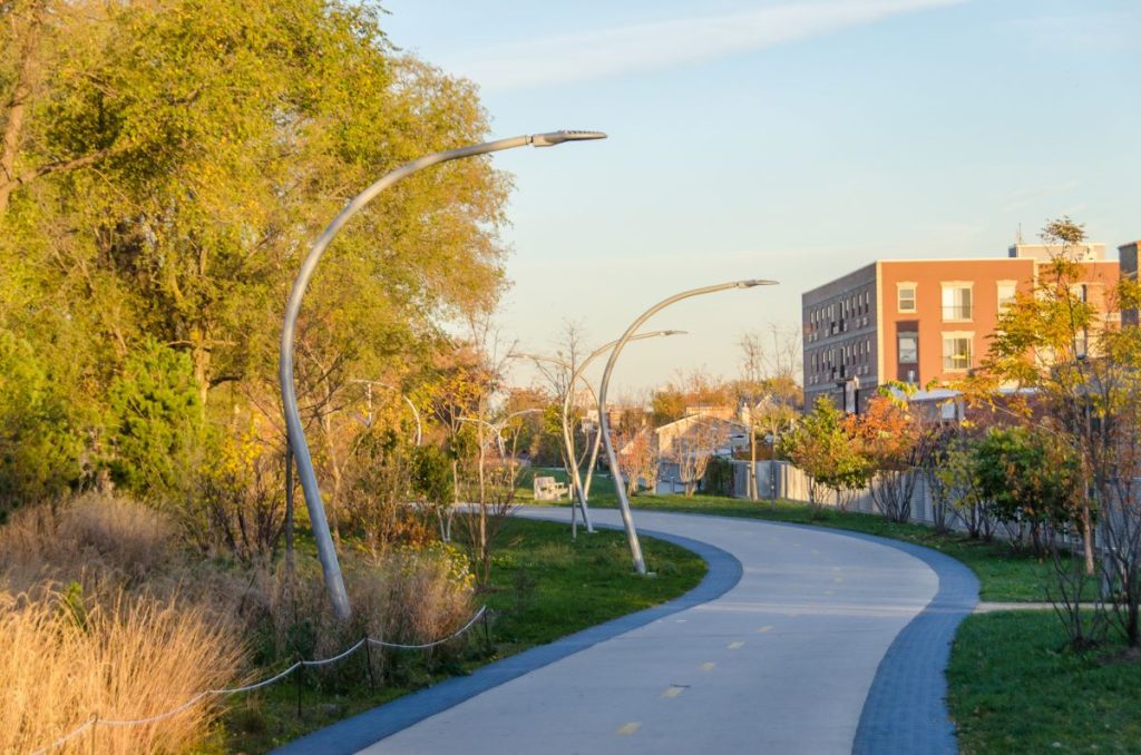 Stylish curved streetlights stand over the 606 trail on a bright day. The center bike trail is cornflower colored. It is flanked by dark blue pedestrian walkways.