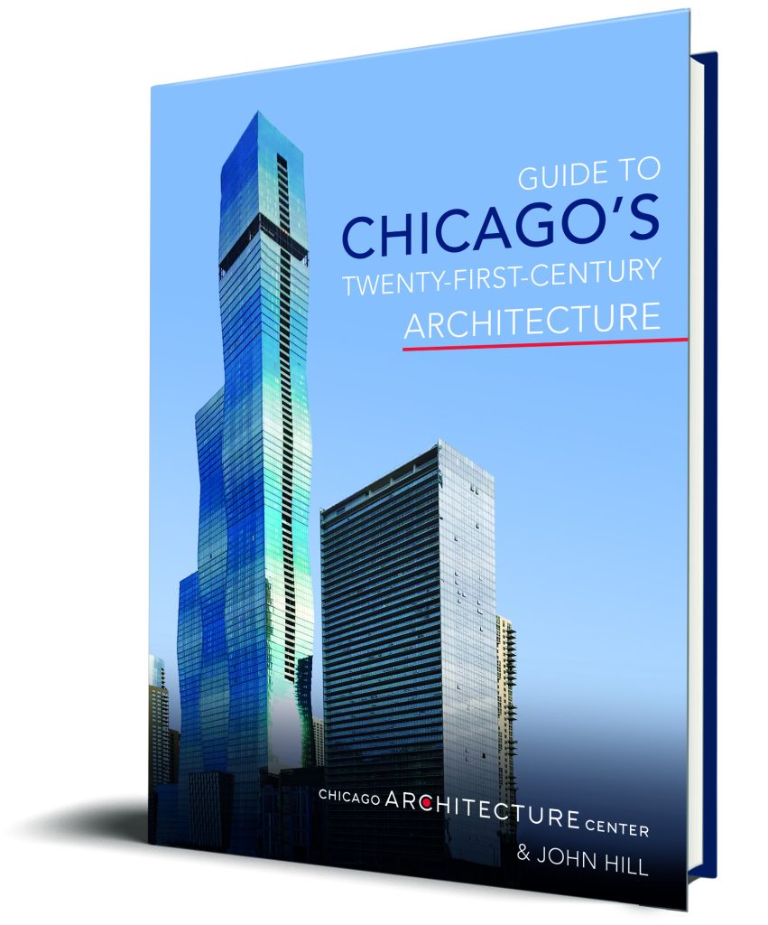 The cover of the Guide to Chicago's Twenty-First-Century Architecture shows a portion of the city skyline against a bright blue sky.