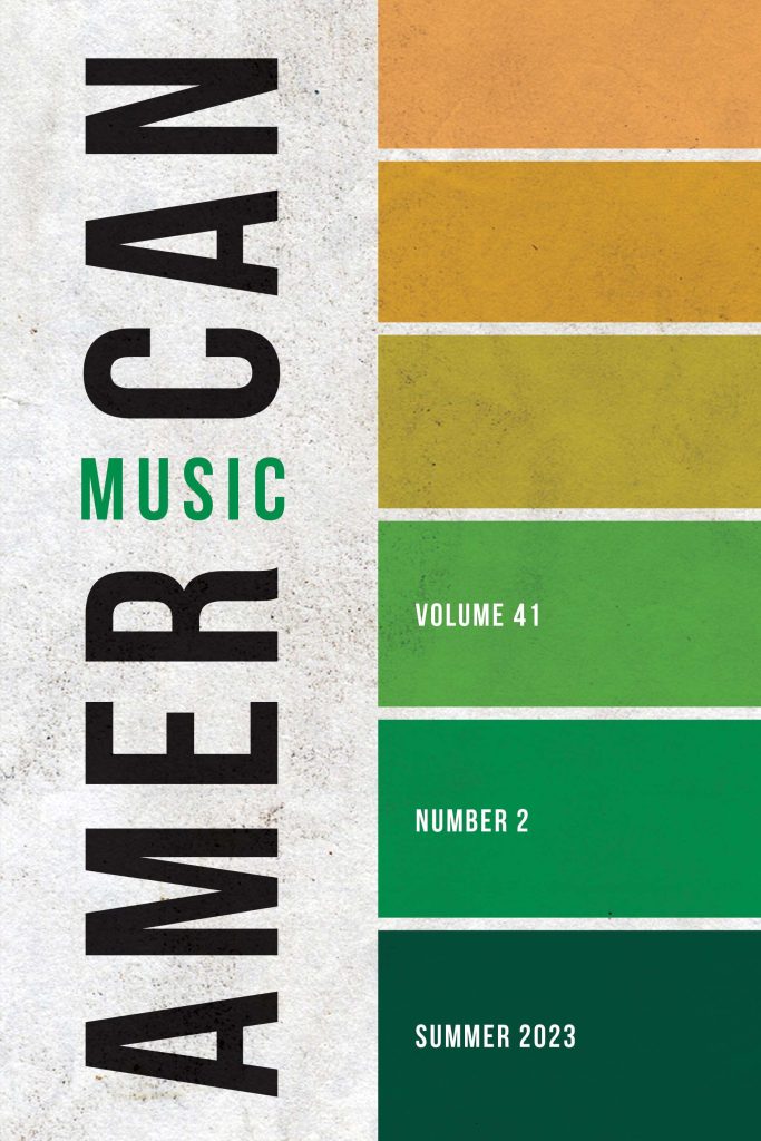 Cover of American Music, Volume 41, Issue 2, Summer 2023. Horizontal rectangles in a column on the right side of the cover in a gradient of yellow and green shades on white textured background.