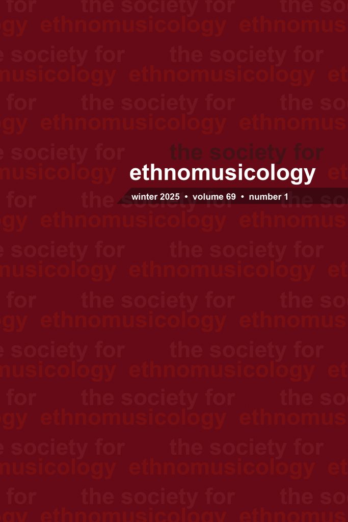 Cover of Ethnomusicology, Volume 69, Number 1, Winter 2025.
Dark red background with text reading "the society for ethnomusicology" repeating as a pattern.