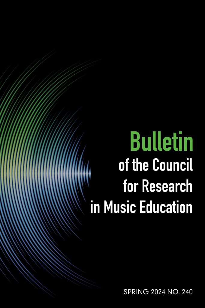 Cover of the Bulletin for the Council for Research in Music Education, Volume 240. Black background with white text and white illustration resembling part of a vinyl record.