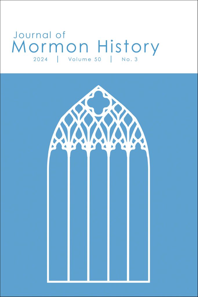 Cover of Journal of Mormon History Volume 50, No. 3, July 2024. Warren Archer's abstraction of the Salt Lake Seventeenth Ward window in a light blue color.