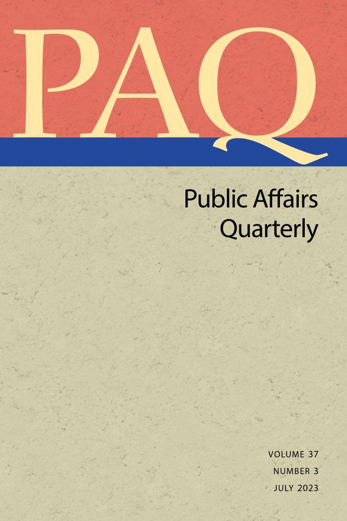 Cover of Public Affairs Quarterly, Volume 37, Issue 2, April 2023
Yellow letters spell "PAQ" at the top of the page on an orange rectangle, with a thin blue rectangle below separating it from the rest of the beige background.