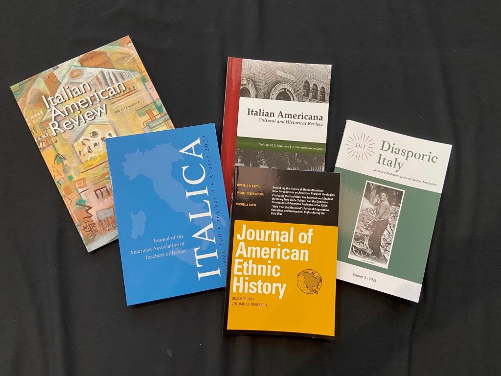 Photo of Italian American Review, Italian Americana, Diasporic Italy, Italica, and Journal of American Ethnic History on a black background.