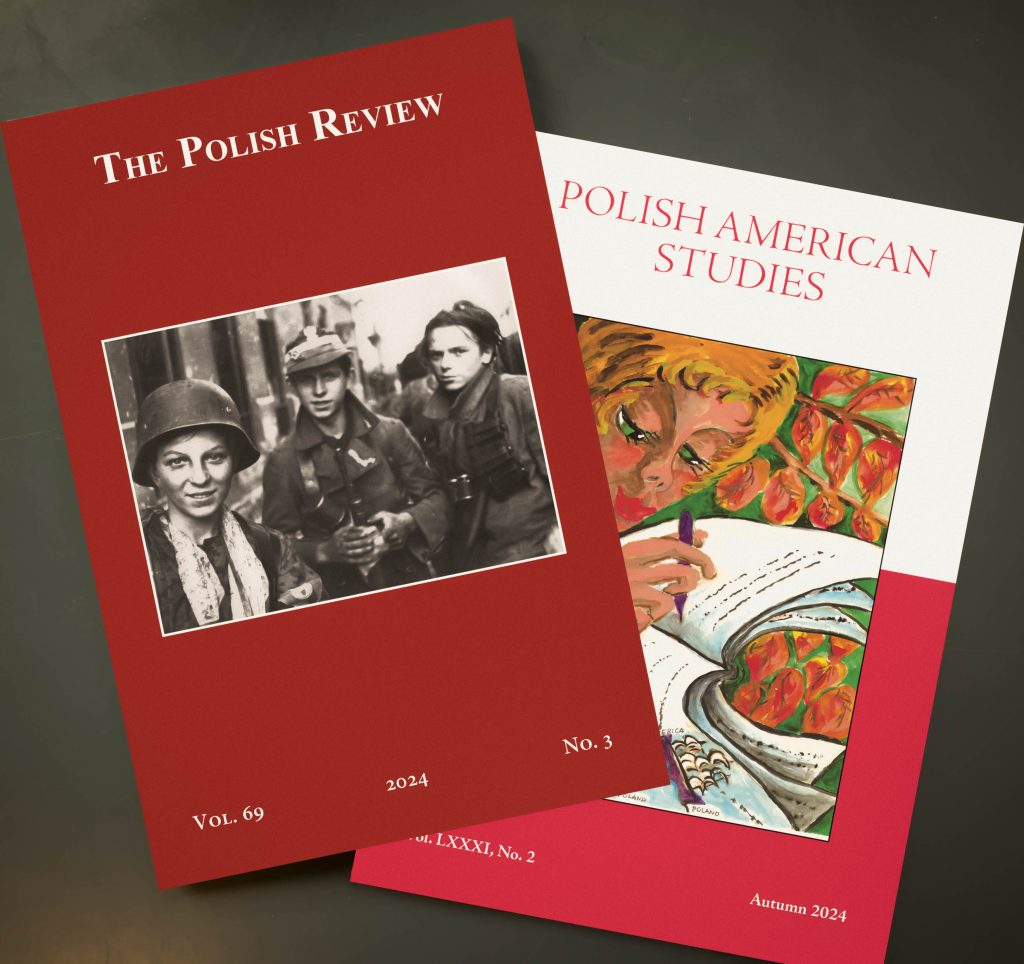 Copy of The Polish Review Vol. 69, Iss. 3, and Polish American Studies Vol. 81, Iss. 2 on a black table.