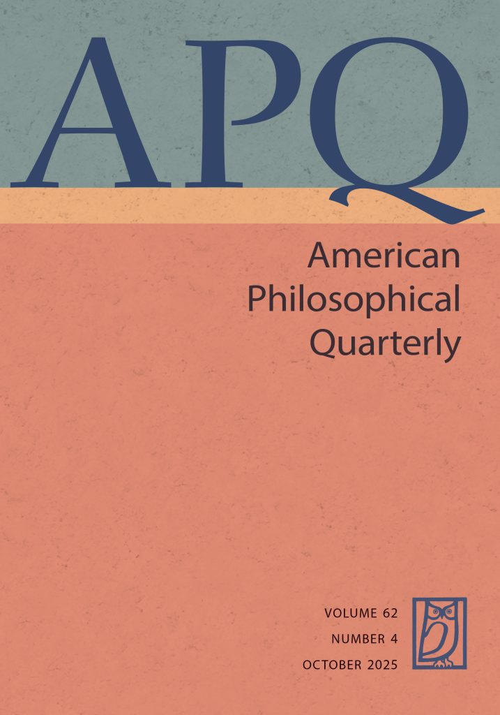Cover of American Philosophical Quarterly, Volume 62, Issue 3, July 2025
Blue letters spell "APQ" at the top of the page on a green rectangle, with a yellow rectangle below separating it from the rest of the red background.