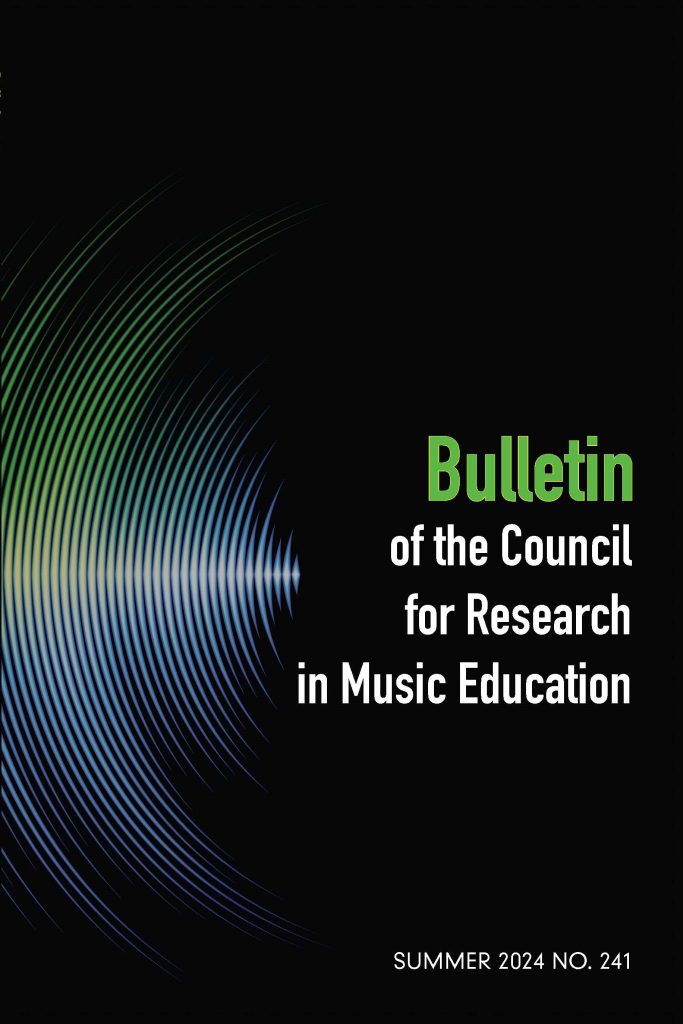 Cover of the Bulletin for the Council for Research in Music Education, Volume 244, Spring 2025
Black background with white text and white illustration resembling part of a vinyl record.