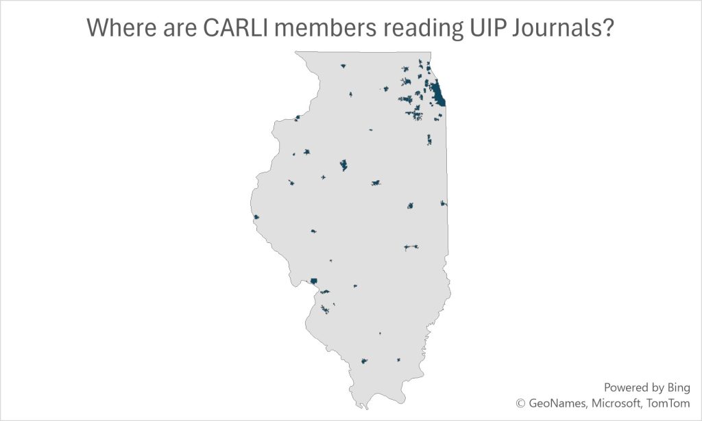 Map of where CARLI members are reading UIP journals: Illinois marked with points all across the map with a strong concentration in the Chicago area.