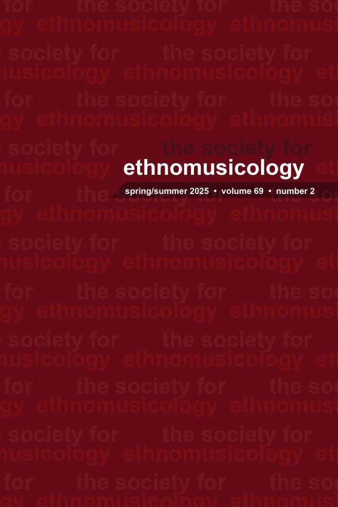 Cover of Ethnomusicology, Volume 69, Number 2, Spring/Summer 2025.
Dark red background with text reading "the society for ethnomusicology" repeating as a pattern.