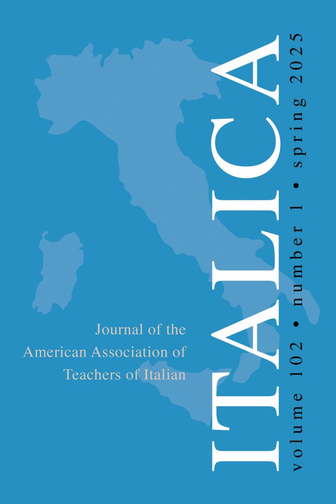 Cover of Italica, Volume 102, Number 2, Spring 2025
Journal of the American Association of Teachers of Italian
Blue background with lighter blue silhouette of the country of Italy.