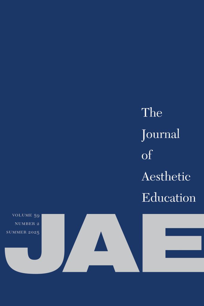 Cover of Journal of Aesthetic Education, Volume 59, Issue 2, Summer 2025
Grey bold letters spelling "JAE" on a dark navy blue background