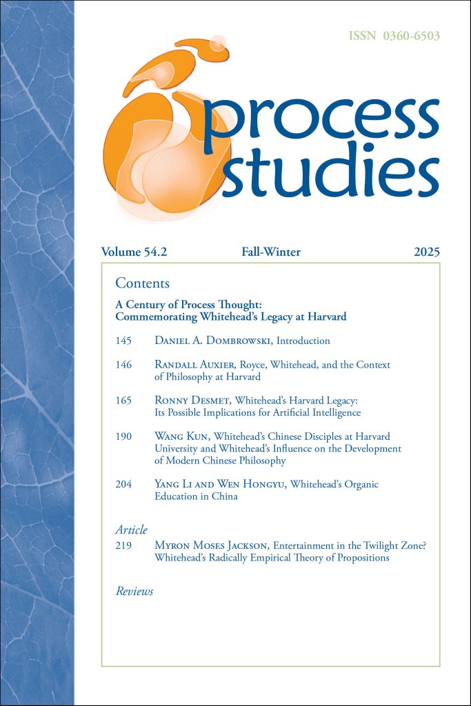 Cover of Process Studies, Volume 54, Issue 1, Spring-Summer 2025
White background with vertical blue bar to the left and circular abstract orange design, table of contents text 