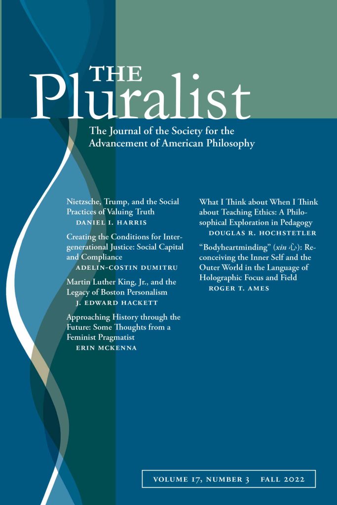 Cover of The Pluralist: The Journal of the Society for the Advancement of American Philosophy, Volume 17, Number 3, Fall 2022. Blue and green background with table of contents
