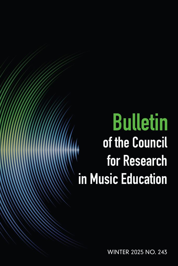 Cover of the Bulletin for the Council for Research in Music Education, Volume 243, Winter 2025
Black background with white text and white illustration resembling part of a vinyl record.