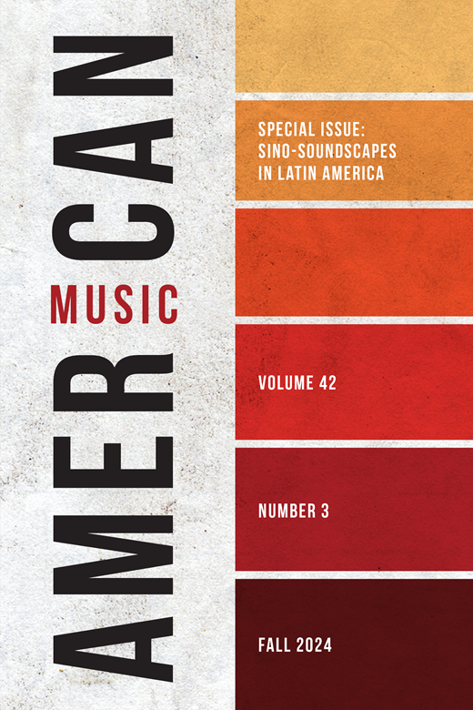 Cover of American Music, Volume 42, Issue 3, Fall 2024. Horizontal rectangles in a column on the right side of the cover in a gradient of red and orange shades on white textured background.