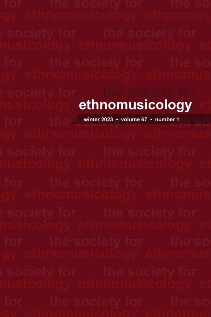 Cover of Ethnomusicology, Volume 67, Number 1, Winter 2023.
Dark red background with text reading "the society for ethnomusicology" repeating as a pattern.