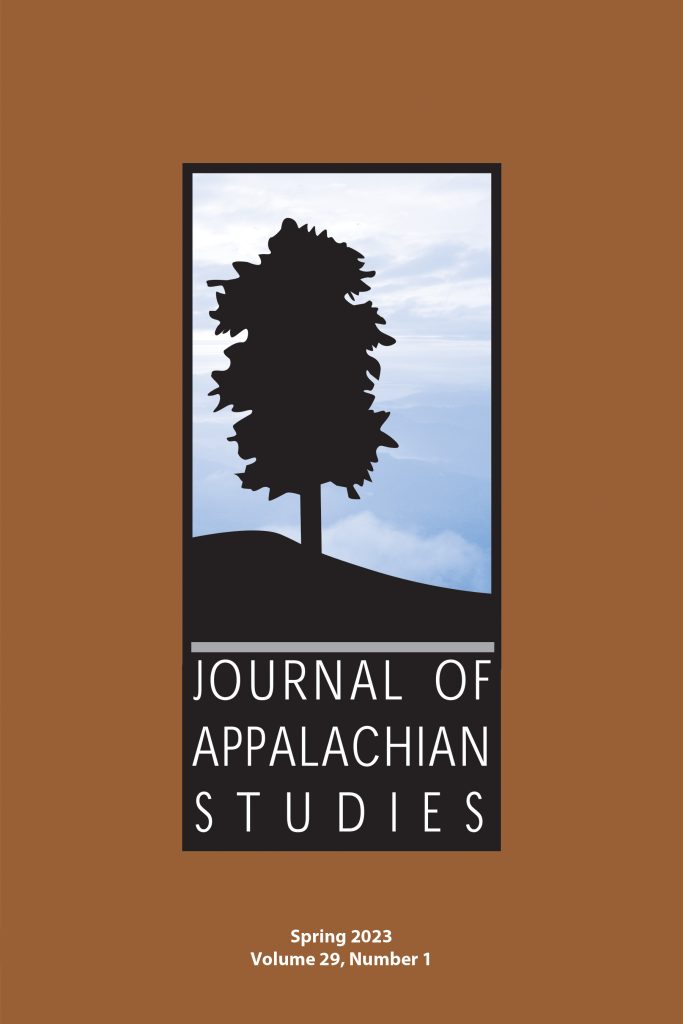 Cover of Journal of Appalachian Studies, Volume 29, Number 1, Spring 2023.
Silhouette of a tree on a hill in front of a cloudy sky, brown background.