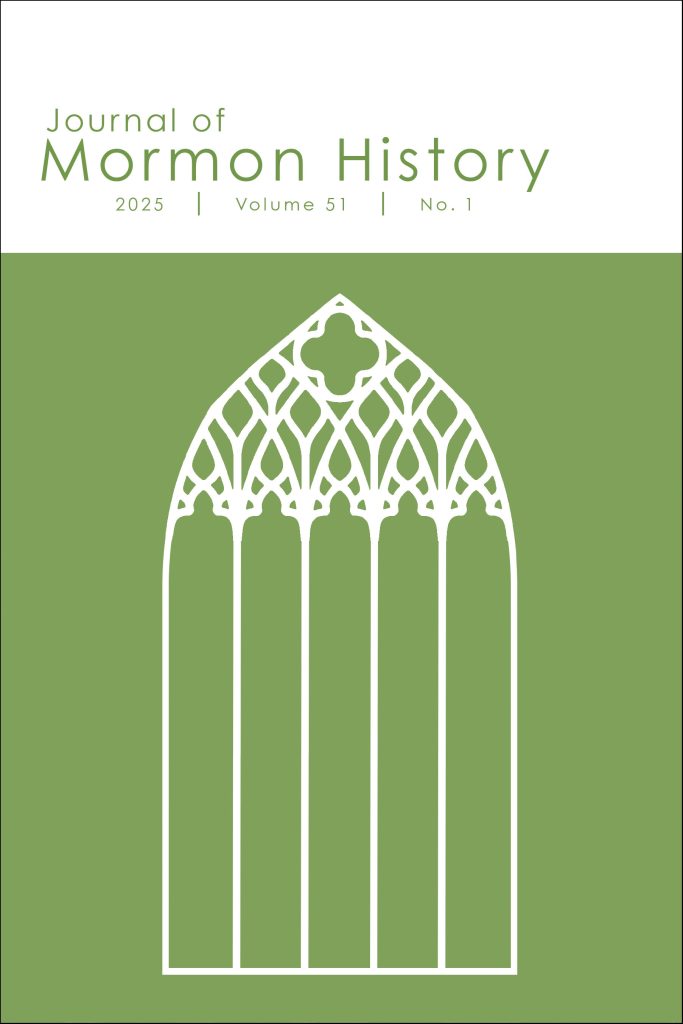 Cover of Journal of Mormon History Volume 51, No. 1, 2025. Warren Archer's abstraction of the Salt Lake Seventeenth Ward window in a pale green color.