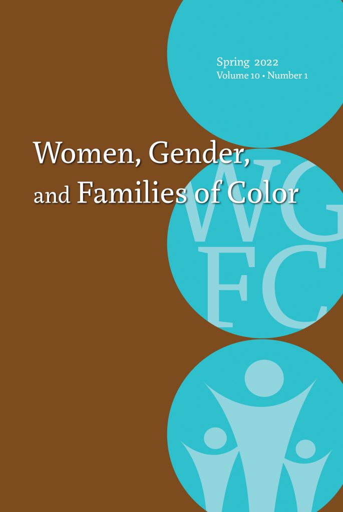 Cover of Women, Gender, and Families of Color Volume 10, Number 1, Spring 2022.
Brown background with designs of abstract figures and the letters “WGFC” in blue circles