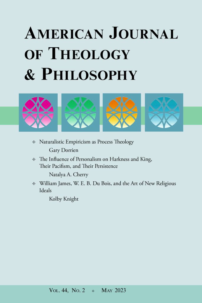 Cover of American Journal of Theology and Philosophy, Vol. 44, No. 2, May 2023..
Light grey background with Tables of Contents text and small red, green, yellow and blue abstract designs under the title text