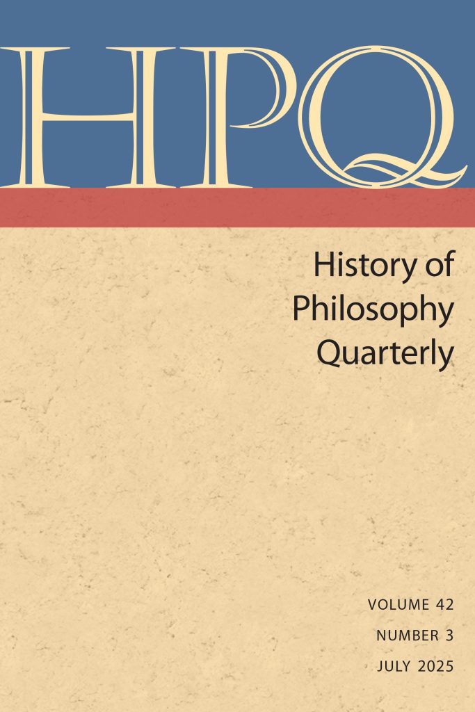 Cover of History of Philosophy Quarterly, Volume 42, Issue 3, July 2025
Yellow letters spell "HPQ" at the top of the page on a blue rectangle, with a red rectangle below separating it from the rest of the pale yellow background.