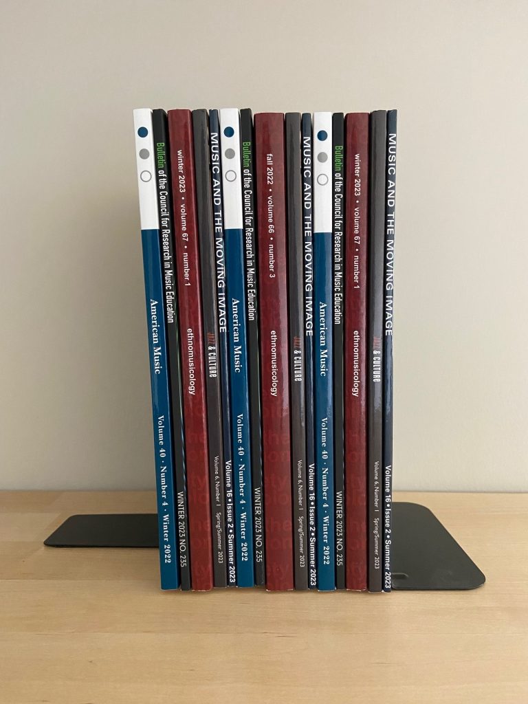 Spines of music journals (American Music, Bulletin of the Council for Research in Music Education, Ethnomusicology, Jazz and Culture)