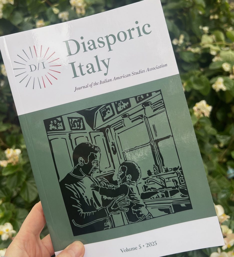 Cover of Diasporic Italy: Journal of the Italian American Studies Association, Volume 5, 2025.
Cover image: Art of a father and son entitled "Paternità" by Thomas Brazzolotto. Held in front of plants.