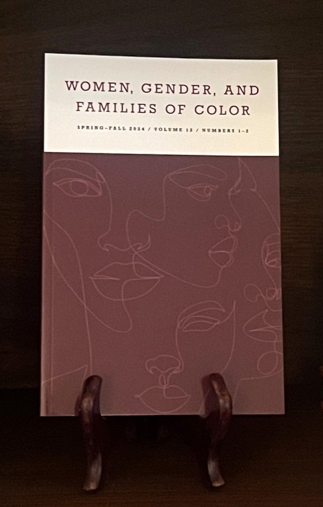 Cover of Women, Gender, and Families of Color Volume 12, Numbers 1-2
Title with white background above an abstract burgundy and pink design of women's faces. 