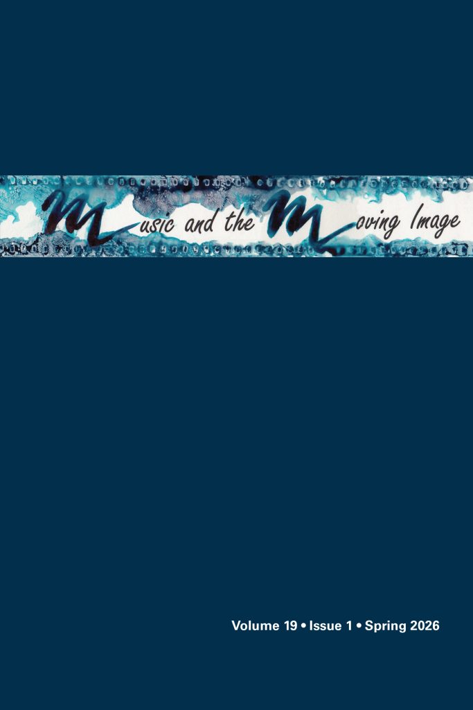 Cover of Music and the Moving Image, in Volume 19, Number 1, Spring 2026.
Dark blue background with white rectangle near the top that has a watercolor design and title information.