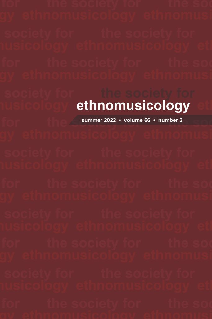 Cover of Ethnomusicology, Volume 66, Number 2, Summer 2022.
Dark red background with text reading "the society for ethnomusicology" repeating as a pattern. 