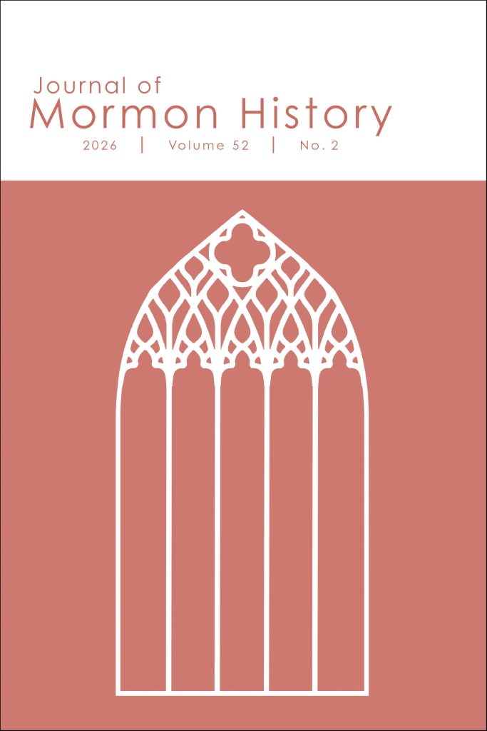 Cover of Journal of Mormon History Volume 52, No. 2, 2026. Warren Archer's abstraction of the Salt Lake Seventeenth Ward window in a pale salmon color.