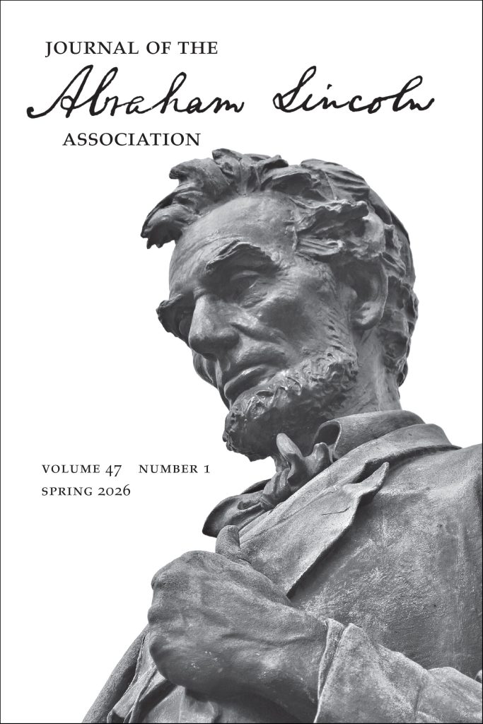 Cover of Journal of the Abraham Lincoln Association, Volume 47, Number 1: Spring 2026.
White background with statue of Lincoln. Lincoln's name in the title of the journal is his signature.