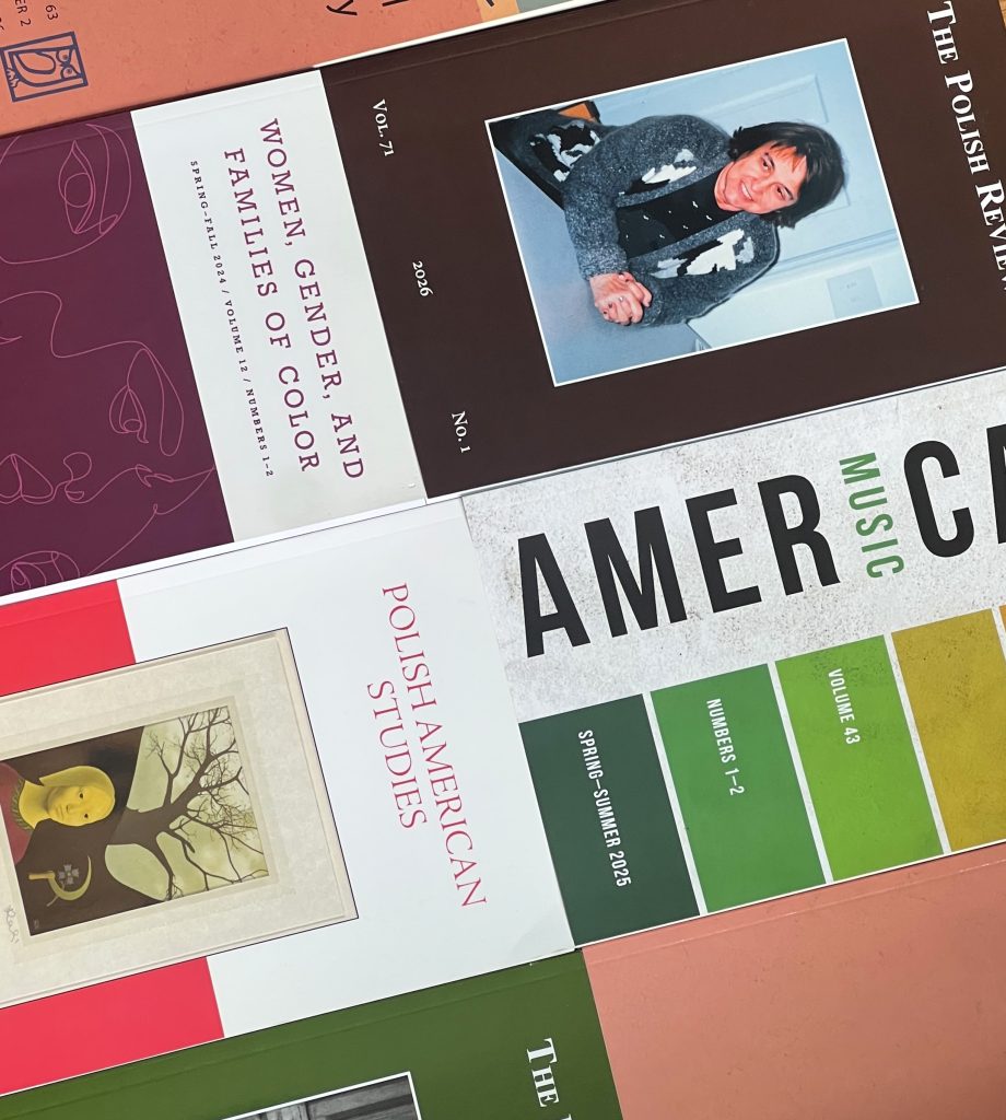 Alt text: Photo of journal issues, including The Polish Review; Women, Gender, and Families of Color; Polish American Studies, American Music, and American Philosophical Quarterly