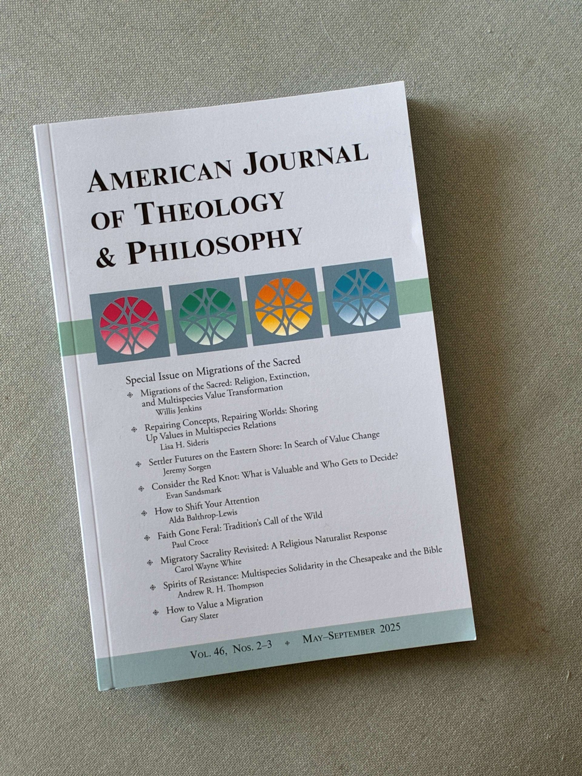 Cover of American Journal of Theology and Philosophy, Vol. 46, No. 2 - 3, May - September 2025.
Light grey background with Tables of Contents text and small red, green, yellow and blue abstract designs under the title text